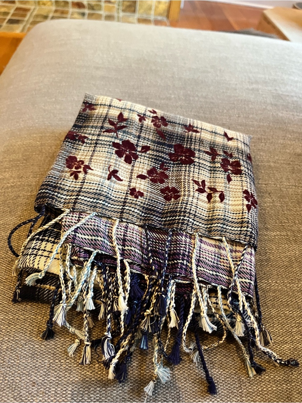 J.Jill Floral Plaid Fringe Scarf in Burgundy and Cream